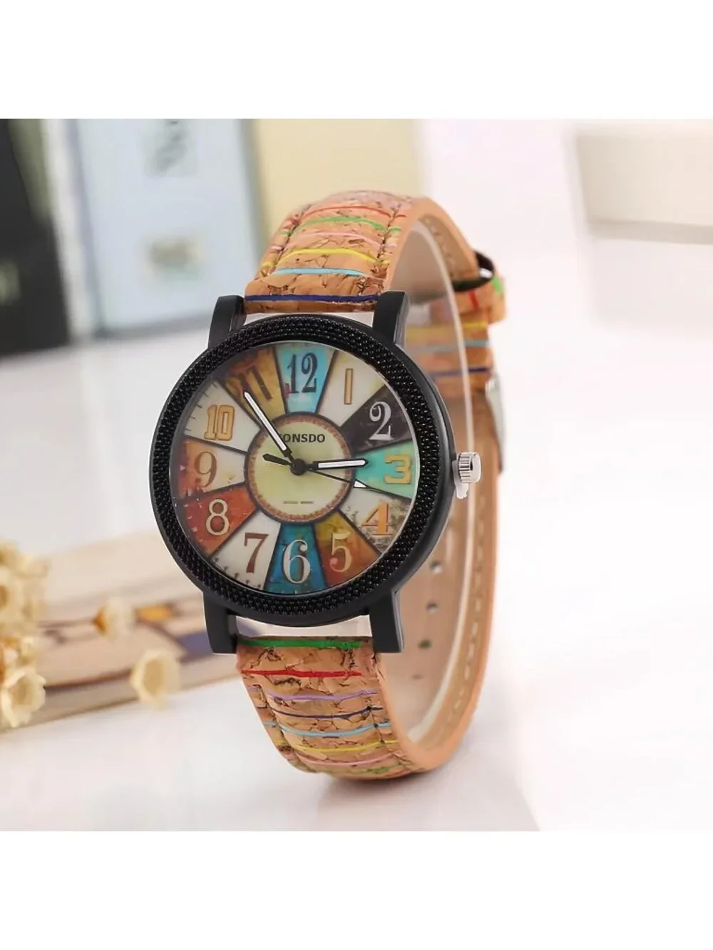 Women's Black Creative Multicolor Woven Strap Fashion Rainbow Pattern Watches